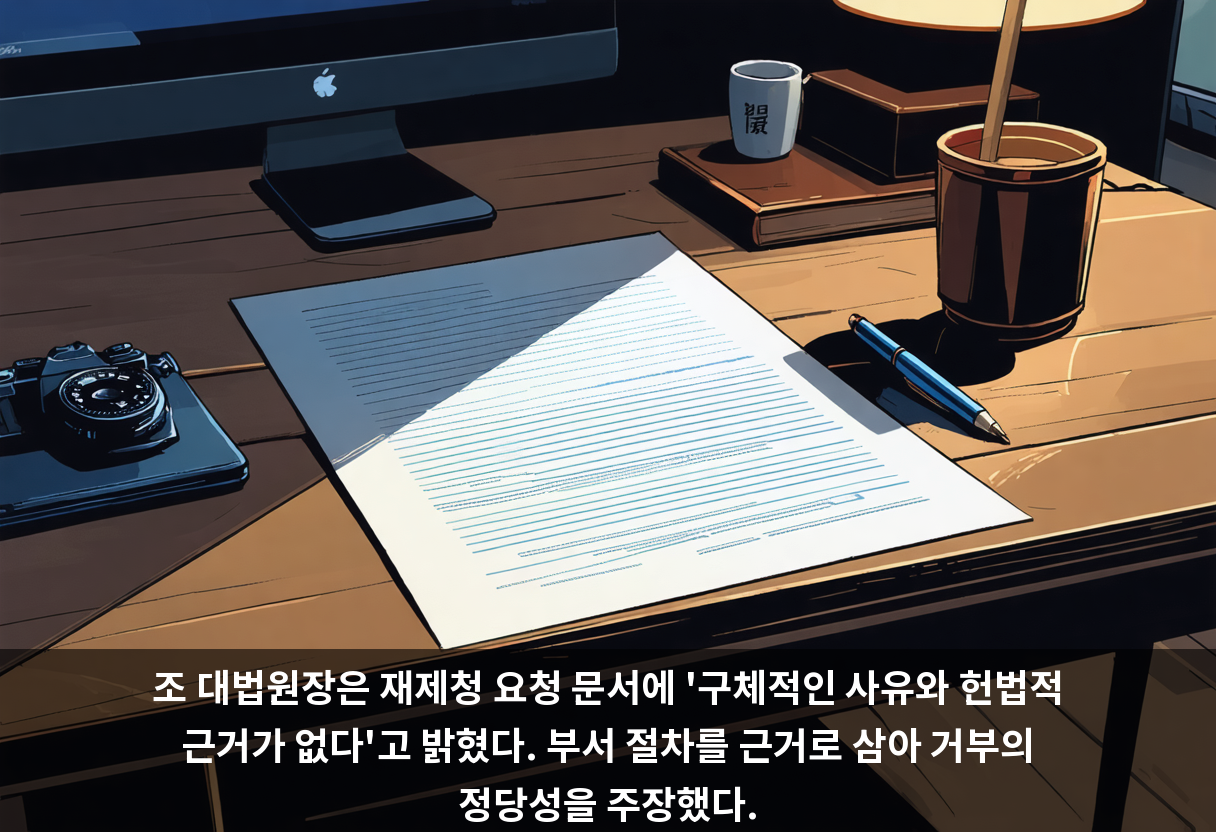 조 대법원장은 재제청 요청 문서에 '구체적인 사유와 헌법적 근거가 없다'고 밝혔다. 부서 절차를 근거로 삼아 거부의 정당성을 주장했다.