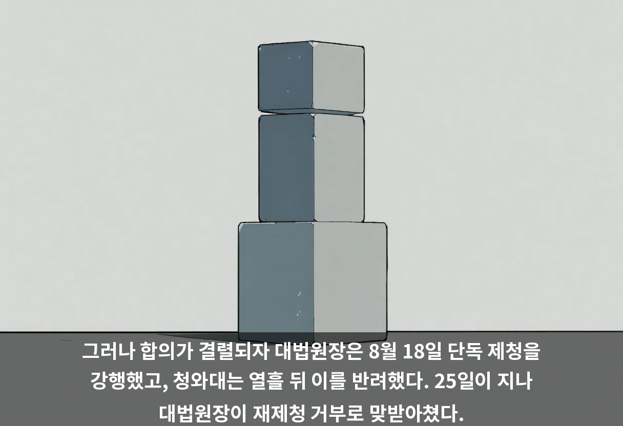 그러나 합의가 결렬되자 대법원장은 8월 18일 단독 제청을 강행했고, 청와대는 열흘 뒤 이를 반려했다. 25일이 지나 대법원장이 재제청 거부로 맞받아쳤다.