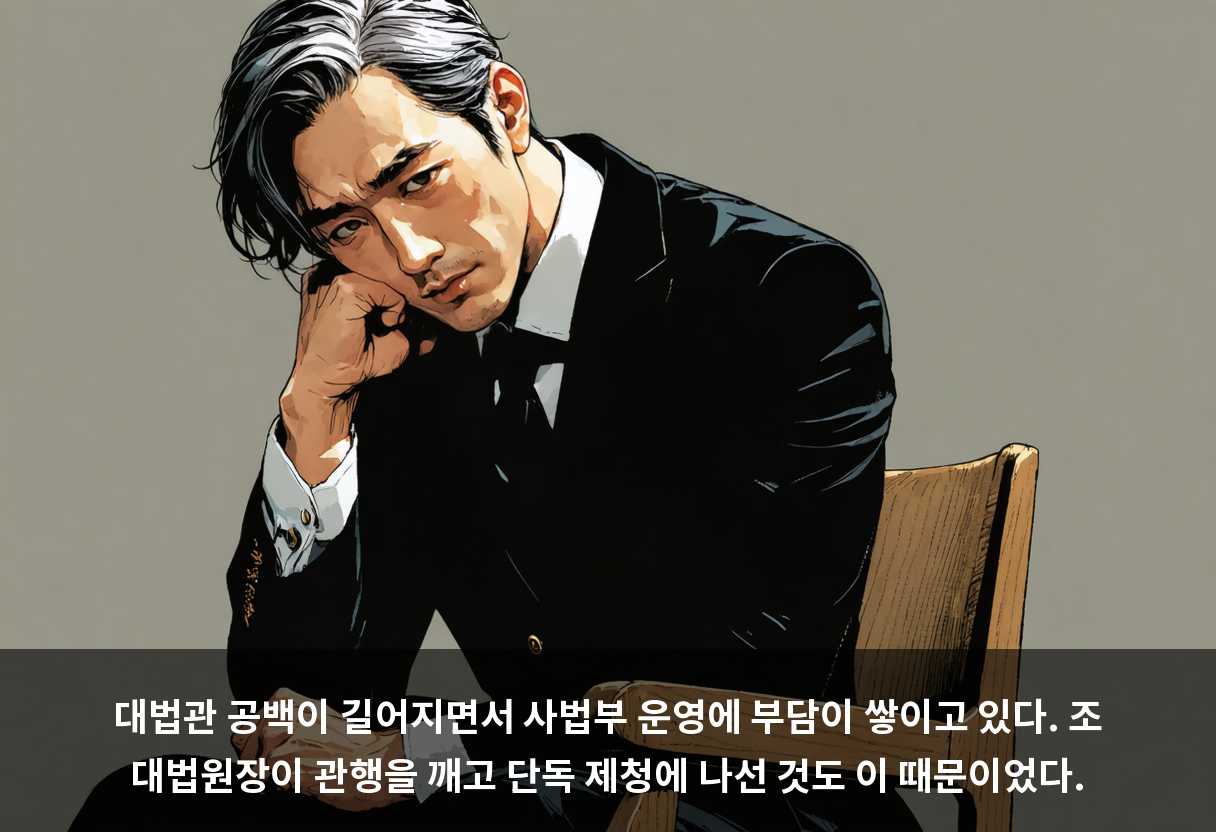 대법관 공백이 길어지면서 사법부 운영에 부담이 쌓이고 있다. 조 대법원장이 관행을 깨고 단독 제청에 나선 것도 이 때문이었다.