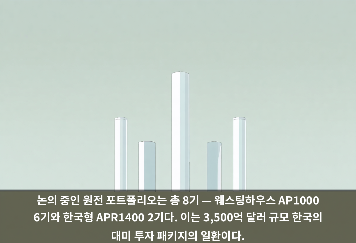 논의 중인 원전 포트폴리오는 총 8기 — 웨스팅하우스 AP1000 6기와 한국형 APR1400 2기다. 이는 3,500억 달러 규모 한국의 대미 투자 패키지의 일환이다.