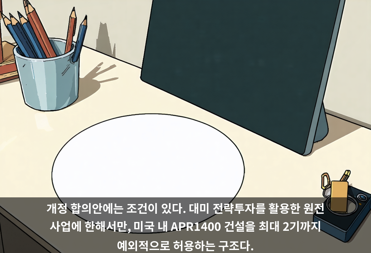개정 합의안에는 조건이 있다. 대미 전략투자를 활용한 원전 사업에 한해서만, 미국 내 APR1400 건설을 최대 2기까지 예외적으로 허용하는 구조다.