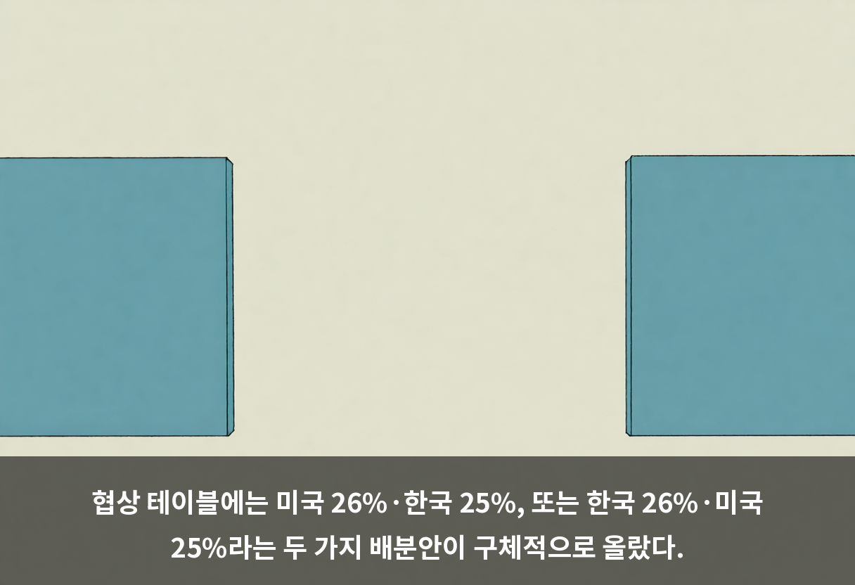 협상 테이블에는 미국 26%·한국 25%, 또는 한국 26%·미국 25%라는 두 가지 배분안이 구체적으로 올랐다.