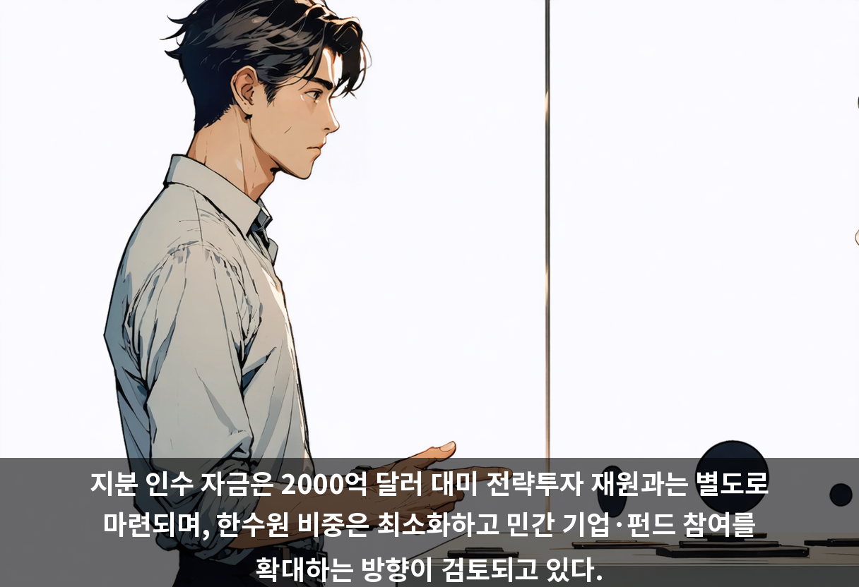 지분 인수 자금은 2000억 달러 대미 전략투자 재원과는 별도로 마련되며, 한수원 비중은 최소화하고 민간 기업·펀드 참여를 확대하는 방향이 검토되고 있다.