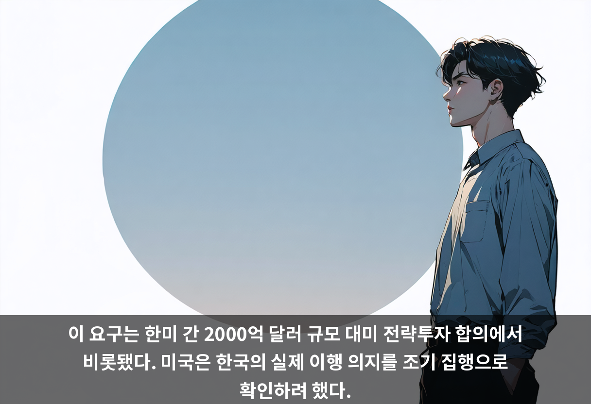이 요구는 한미 간 2000억 달러 규모 대미 전략투자 합의에서 비롯됐다. 미국은 한국의 실제 이행 의지를 조기 집행으로 확인하려 했다.