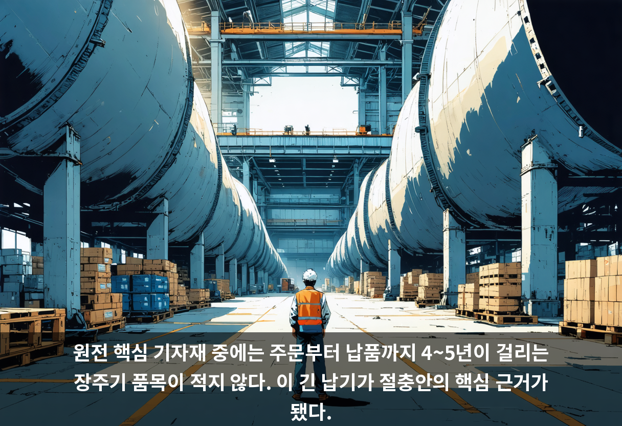 원전 핵심 기자재 중에는 주문부터 납품까지 4~5년이 걸리는 장주기 품목이 적지 않다. 이 긴 납기가 절충안의 핵심 근거가 됐다.