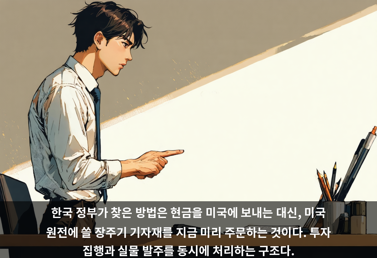 한국 정부가 찾은 방법은 현금을 미국에 보내는 대신, 미국 원전에 쓸 장주기 기자재를 지금 미리 주문하는 것이다. 투자 집행과 실물 발주를 동시에 처리하는 구조다.