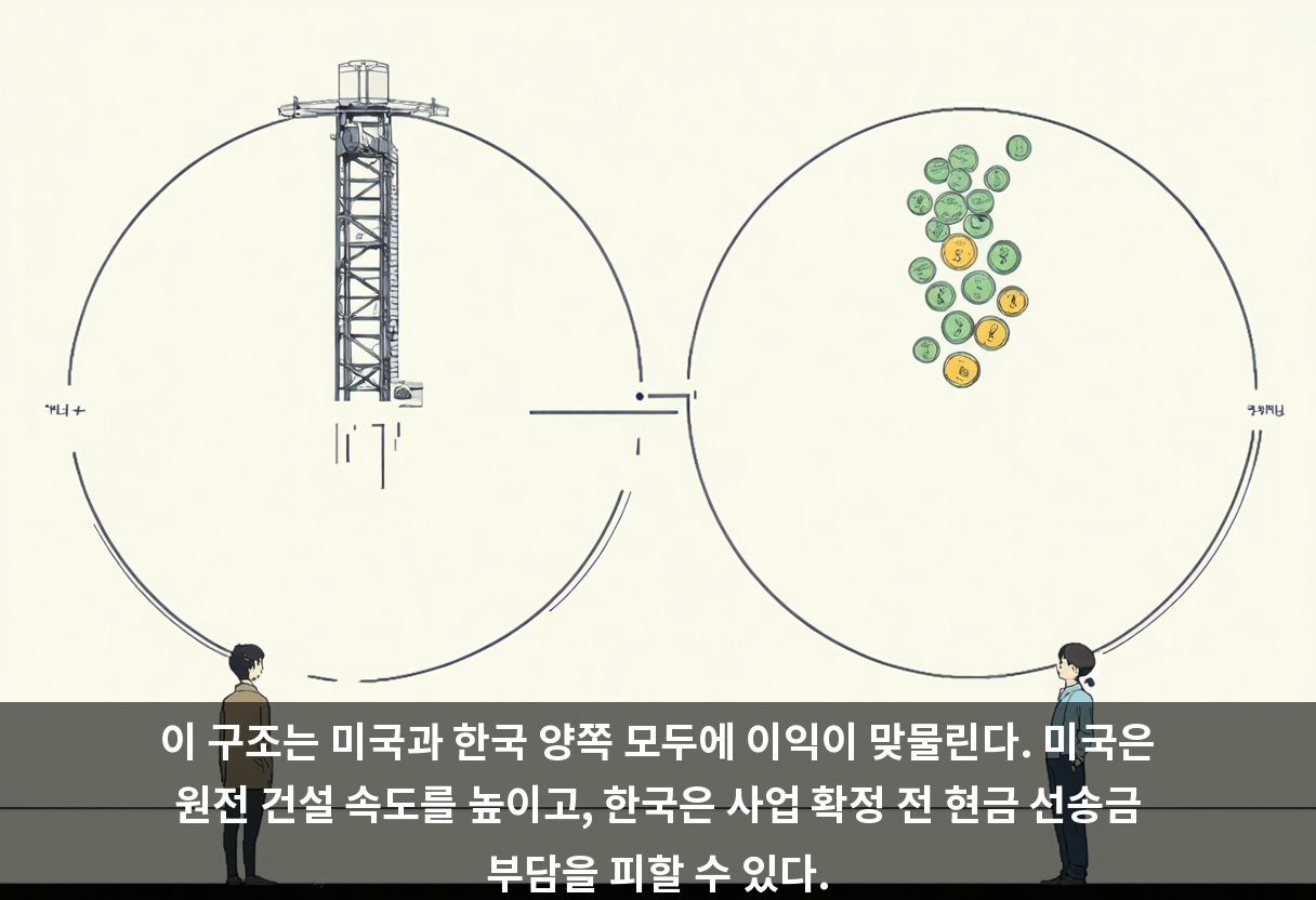 이 구조는 미국과 한국 양쪽 모두에 이익이 맞물린다. 미국은 원전 건설 속도를 높이고, 한국은 사업 확정 전 현금 선송금 부담을 피할 수 있다.