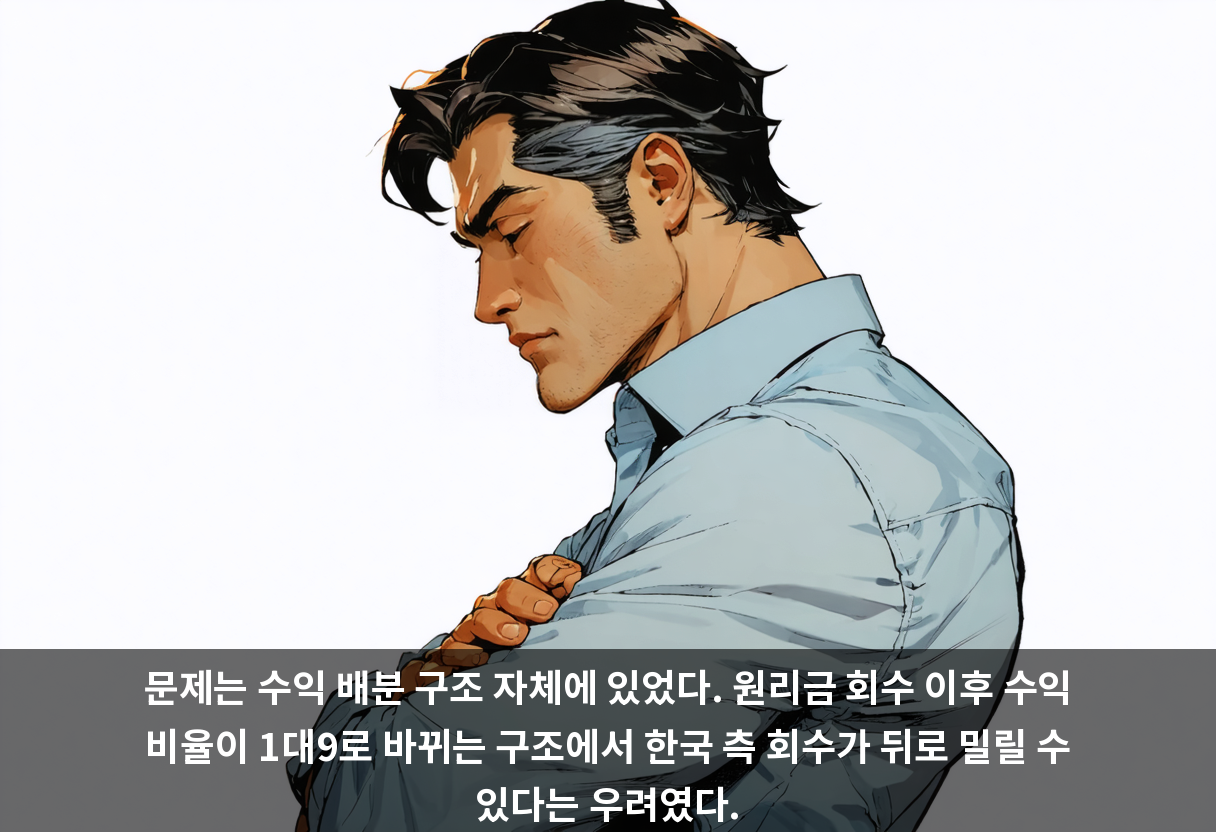 문제는 수익 배분 구조 자체에 있었다. 원리금 회수 이후 수익 비율이 1대9로 바뀌는 구조에서 한국 측 회수가 뒤로 밀릴 수 있다는 우려였다.