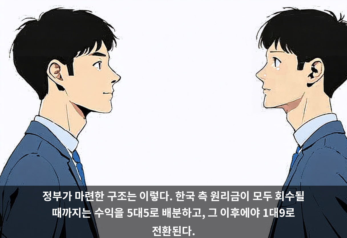 정부가 마련한 구조는 이렇다. 한국 측 원리금이 모두 회수될 때까지는 수익을 5대5로 배분하고, 그 이후에야 1대9로 전환된다.