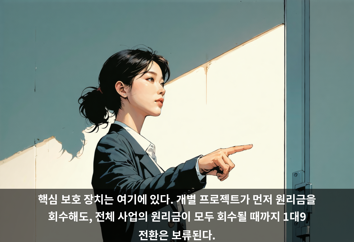 핵심 보호 장치는 여기에 있다. 개별 프로젝트가 먼저 원리금을 회수해도, 전체 사업의 원리금이 모두 회수될 때까지 1대9 전환은 보류된다.
