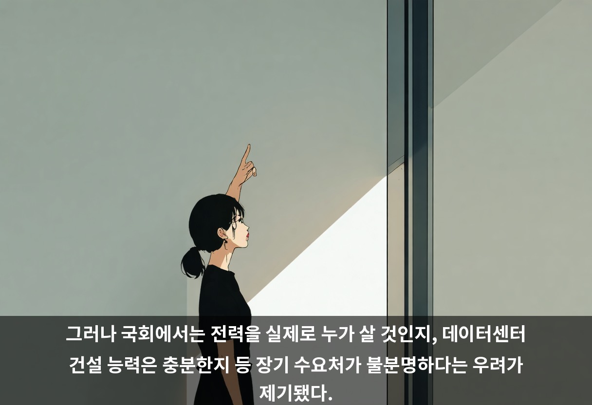 그러나 국회에서는 전력을 실제로 누가 살 것인지, 데이터센터 건설 능력은 충분한지 등 장기 수요처가 불분명하다는 우려가 제기됐다.