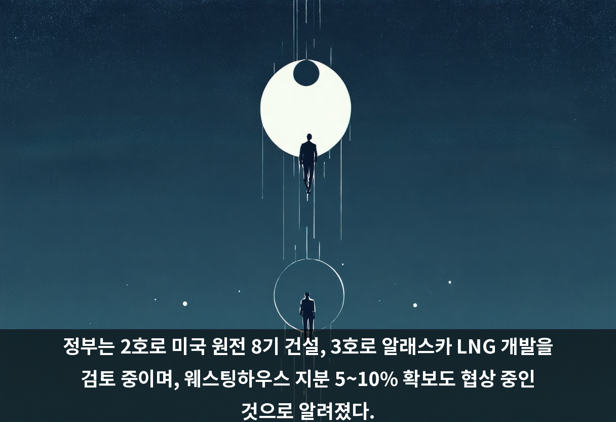 정부는 2호로 미국 원전 8기 건설, 3호로 알래스카 LNG 개발을 검토 중이며, 웨스팅하우스 지분 5~10% 확보도 협상 중인 것으로 알려졌다.