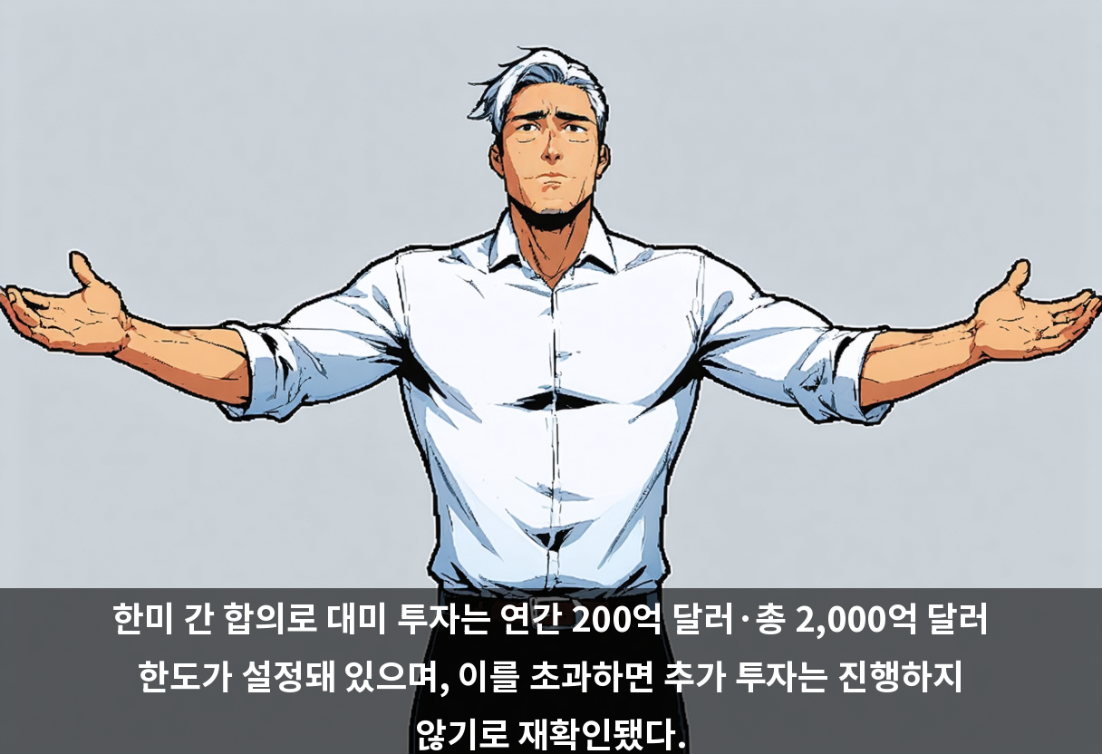 한미 간 합의로 대미 투자는 연간 200억 달러·총 2,000억 달러 한도가 설정돼 있으며, 이를 초과하면 추가 투자는 진행하지 않기로 재확인됐다.