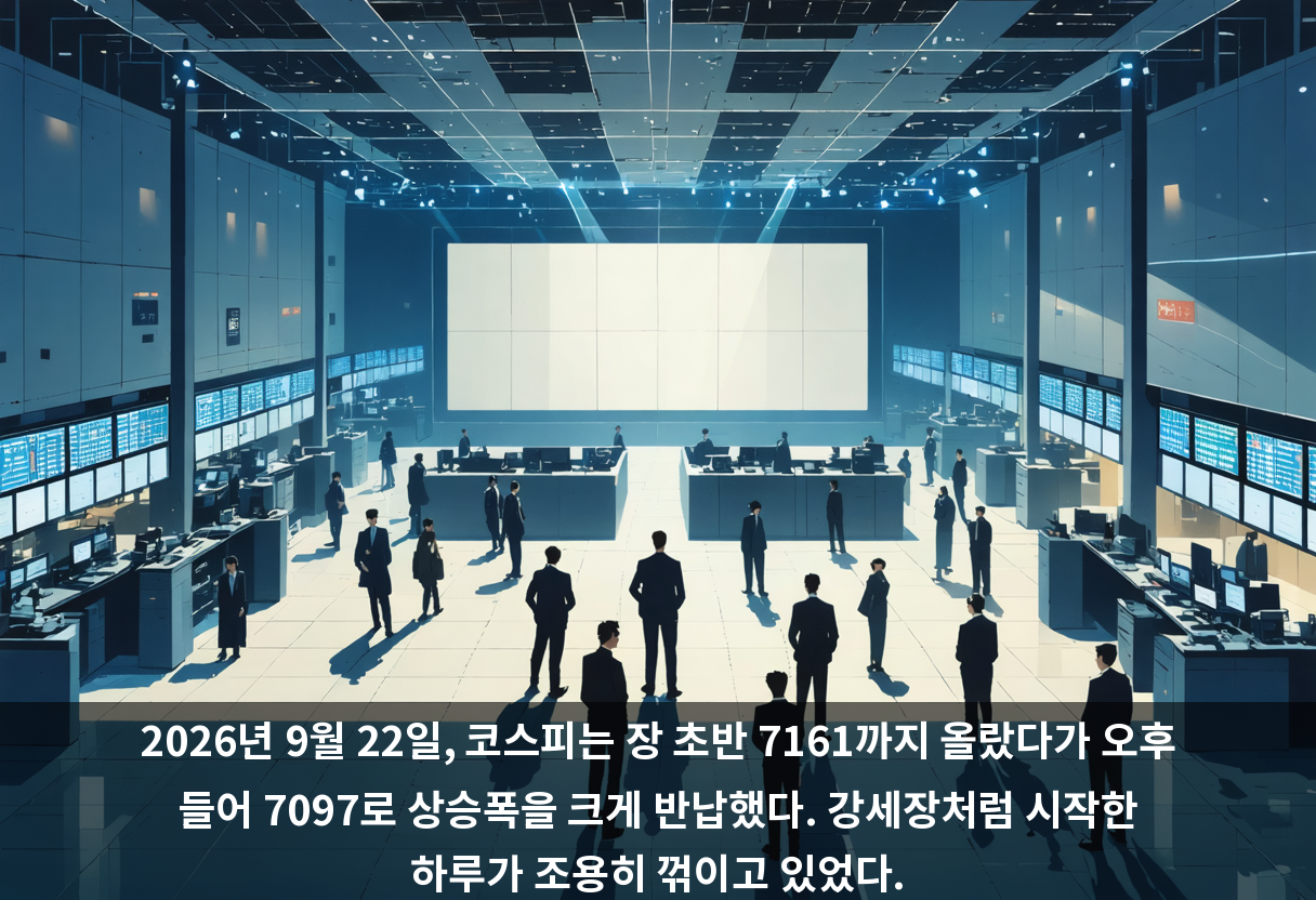 2026년 9월 22일, 코스피는 장 초반 7161까지 올랐다가 오후 들어 7097로 상승폭을 크게 반납했다. 강세장처럼 시작한 하루가 조용히 꺾이고 있었다.