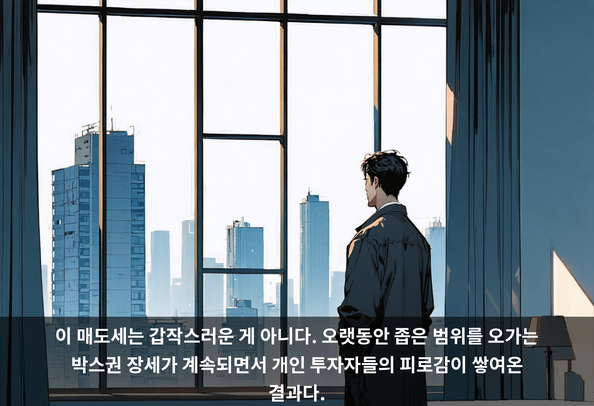 이 매도세는 갑작스러운 게 아니다. 오랫동안 좁은 범위를 오가는 박스권 장세가 계속되면서 개인 투자자들의 피로감이 쌓여온 결과다.