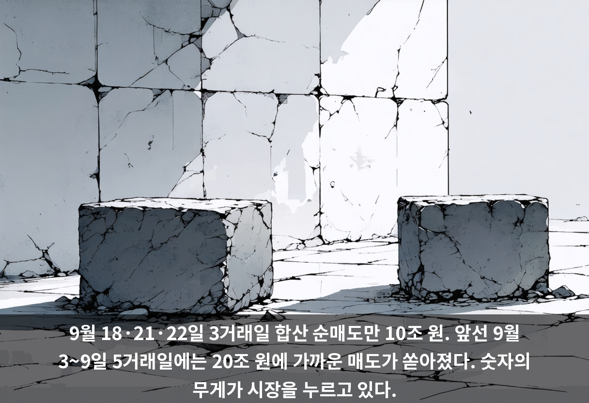 9월 18·21·22일 3거래일 합산 순매도만 10조 원. 앞선 9월 3~9일 5거래일에는 20조 원에 가까운 매도가 쏟아졌다. 숫자의 무게가 시장을 누르고 있다.