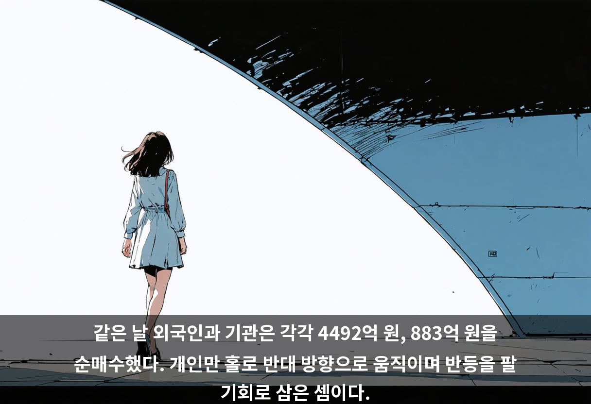 같은 날 외국인과 기관은 각각 4492억 원, 883억 원을 순매수했다. 개인만 홀로 반대 방향으로 움직이며 반등을 팔 기회로 삼은 셈이다.