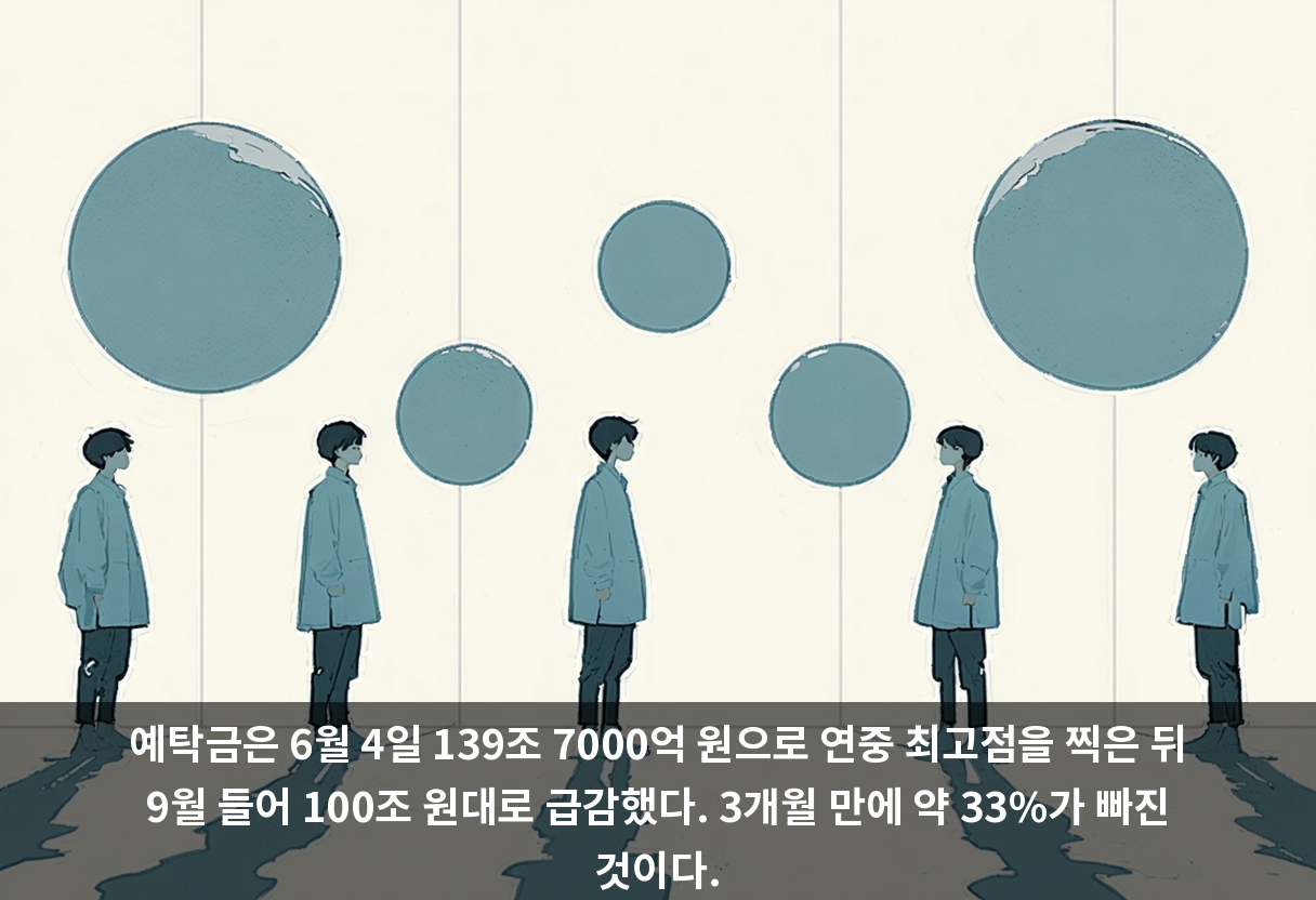 예탁금은 6월 4일 139조 7000억 원으로 연중 최고점을 찍은 뒤 9월 들어 100조 원대로 급감했다. 3개월 만에 약 33%가 빠진 것이다.