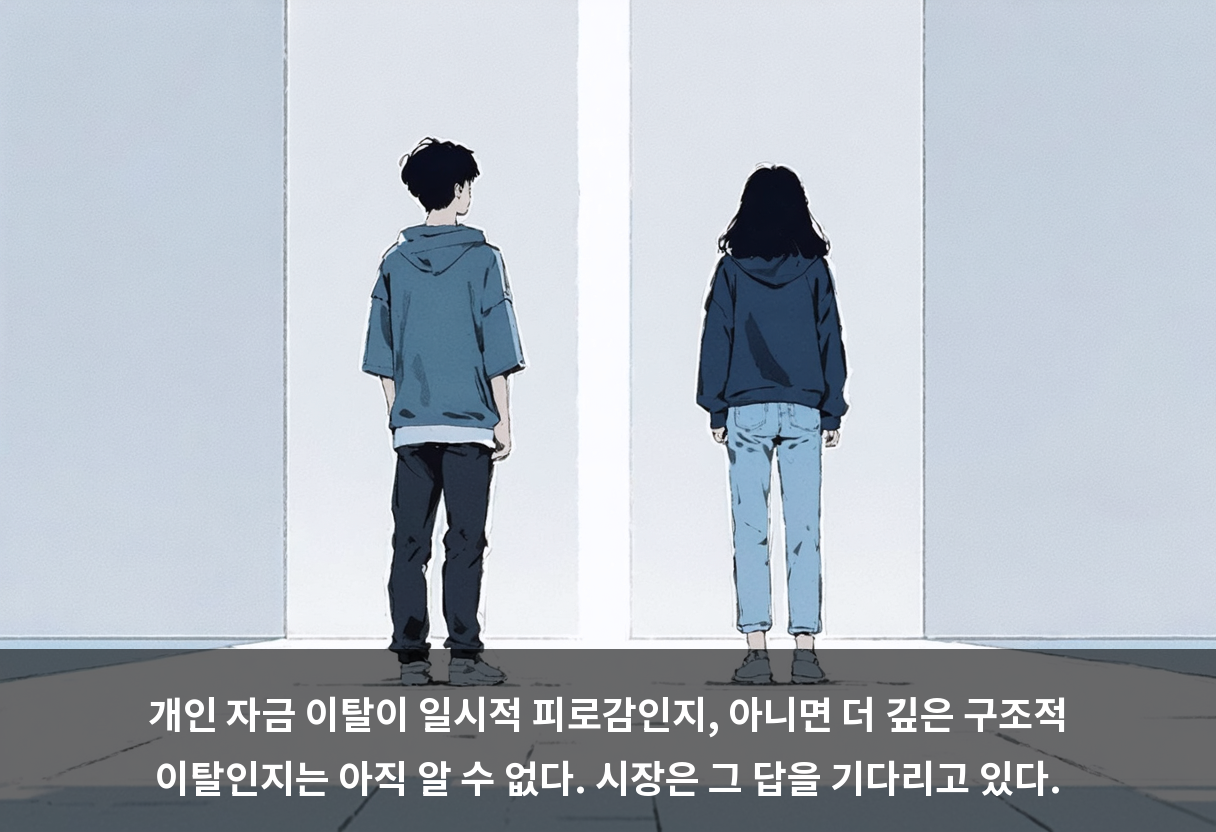 개인 자금 이탈이 일시적 피로감인지, 아니면 더 깊은 구조적 이탈인지는 아직 알 수 없다. 시장은 그 답을 기다리고 있다.