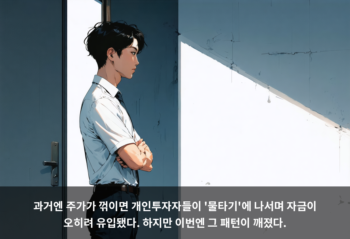 과거엔 주가가 꺾이면 개인투자자들이 '물타기'에 나서며 자금이 오히려 유입됐다. 하지만 이번엔 그 패턴이 깨졌다.