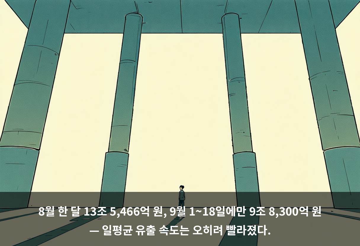 8월 한 달 13조 5,466억 원, 9월 1~18일에만 9조 8,300억 원 — 일평균 유출 속도는 오히려 빨라졌다.