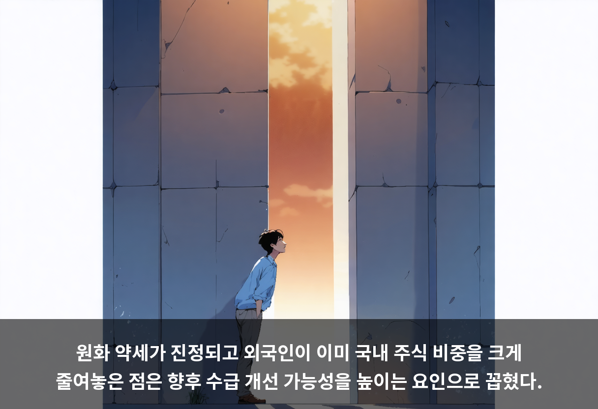 원화 약세가 진정되고 외국인이 이미 국내 주식 비중을 크게 줄여놓은 점은 향후 수급 개선 가능성을 높이는 요인으로 꼽혔다.