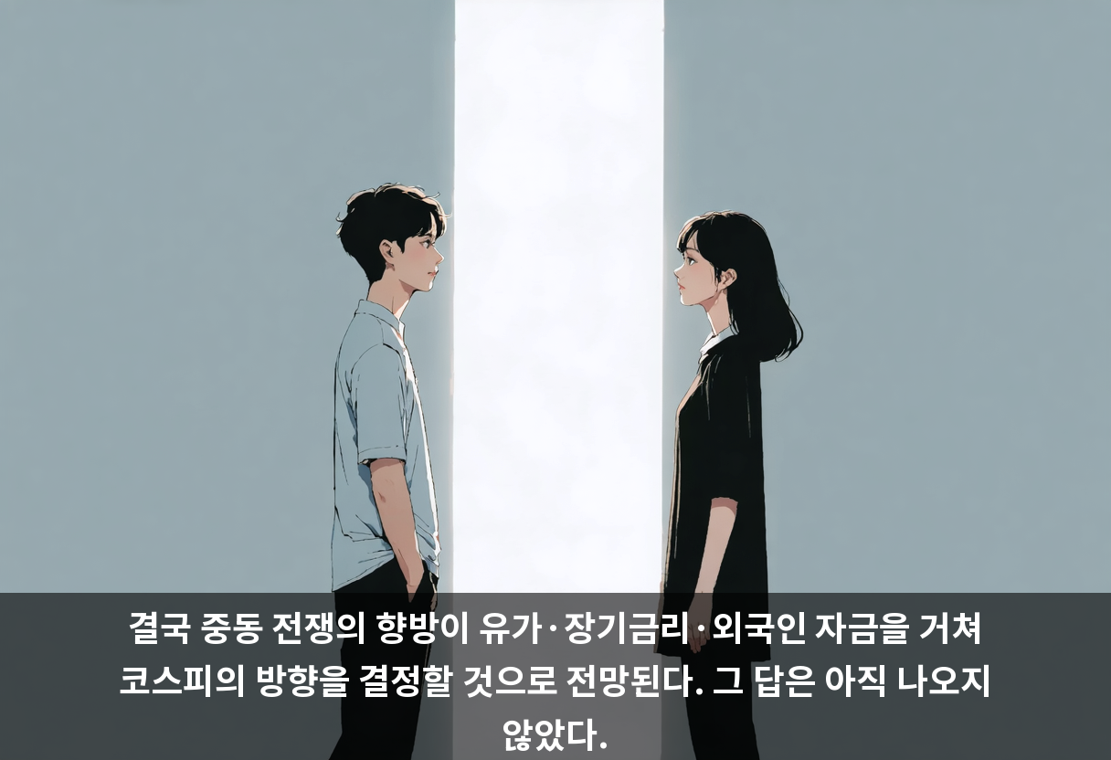 결국 중동 전쟁의 향방이 유가·장기금리·외국인 자금을 거쳐 코스피의 방향을 결정할 것으로 전망된다. 그 답은 아직 나오지 않았다.