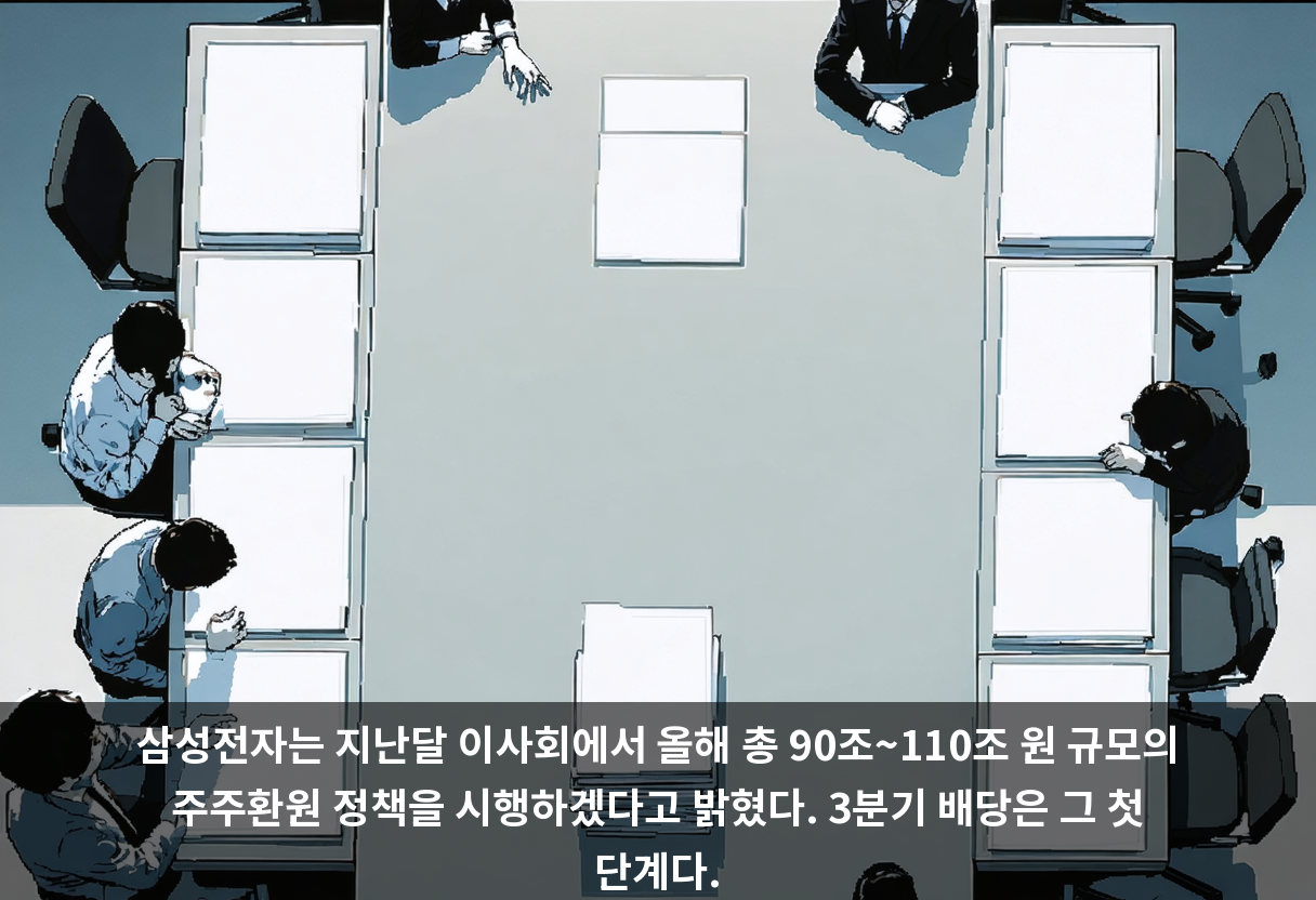 삼성전자는 지난달 이사회에서 올해 총 90조~110조 원 규모의 주주환원 정책을 시행하겠다고 밝혔다. 3분기 배당은 그 첫 단계다.