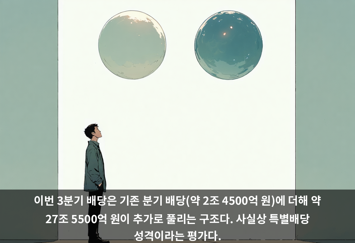 이번 3분기 배당은 기존 분기 배당(약 2조 4500억 원)에 더해 약 27조 5500억 원이 추가로 풀리는 구조다. 사실상 특별배당 성격이라는 평가다.