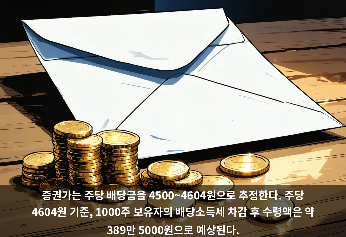 증권가는 주당 배당금을 4500~4604원으로 추정한다. 주당 4604원 기준, 1000주 보유자의 배당소득세 차감 후 수령액은 약 389만 5000원으로 예상된다.