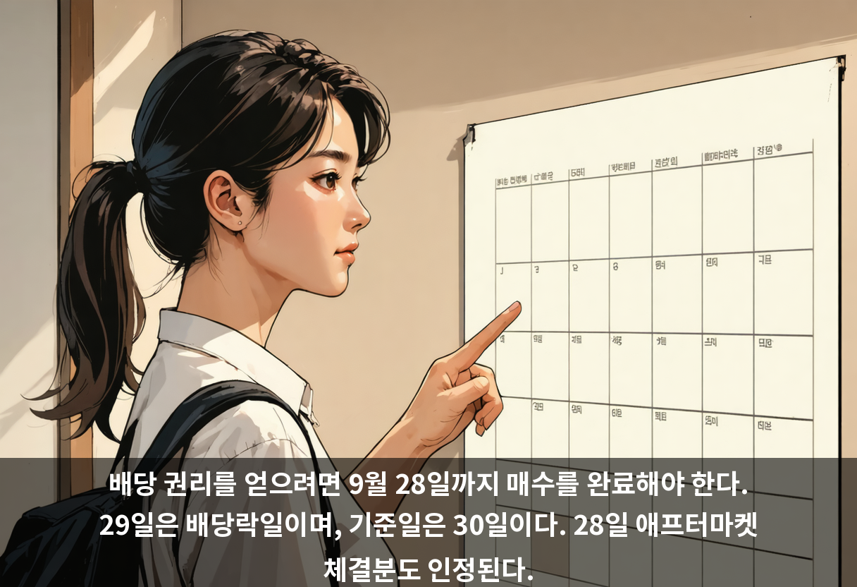 배당 권리를 얻으려면 9월 28일까지 매수를 완료해야 한다. 29일은 배당락일이며, 기준일은 30일이다. 28일 애프터마켓 체결분도 인정된다.