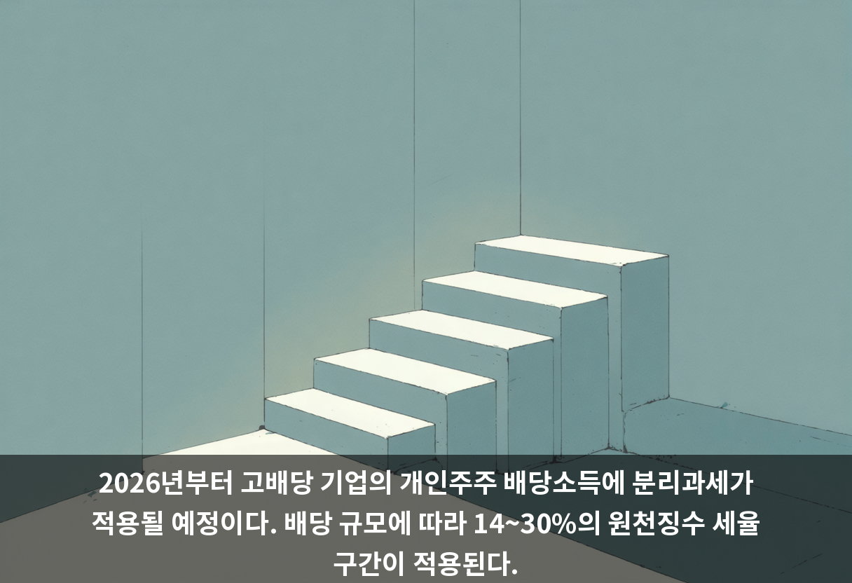 2026년부터 고배당 기업의 개인주주 배당소득에 분리과세가 적용될 예정이다. 배당 규모에 따라 14~30%의 원천징수 세율 구간이 적용된다.