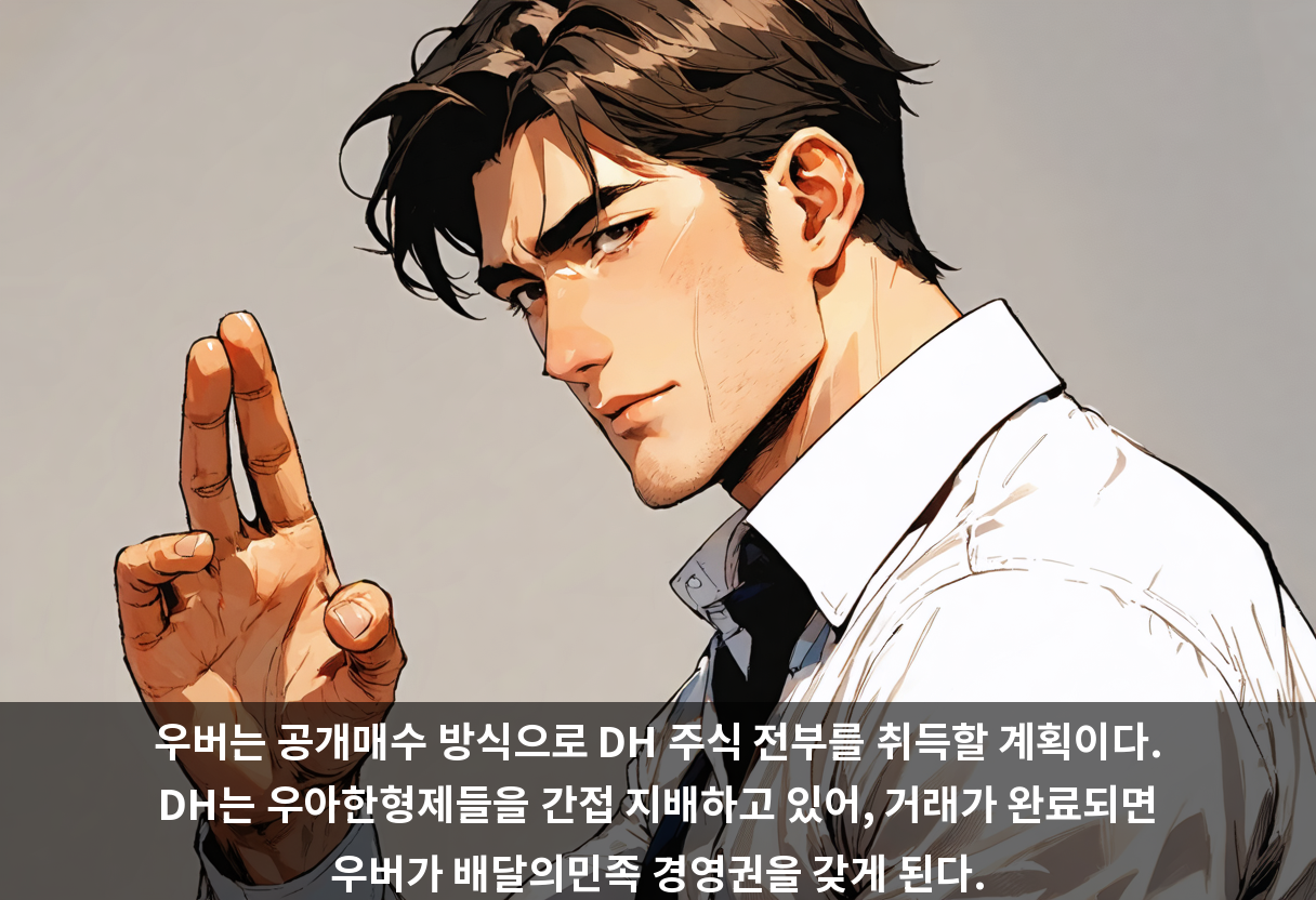 우버는 공개매수 방식으로 DH 주식 전부를 취득할 계획이다. DH는 우아한형제들을 간접 지배하고 있어, 거래가 완료되면 우버가 배달의민족 경영권을 갖게 된다.