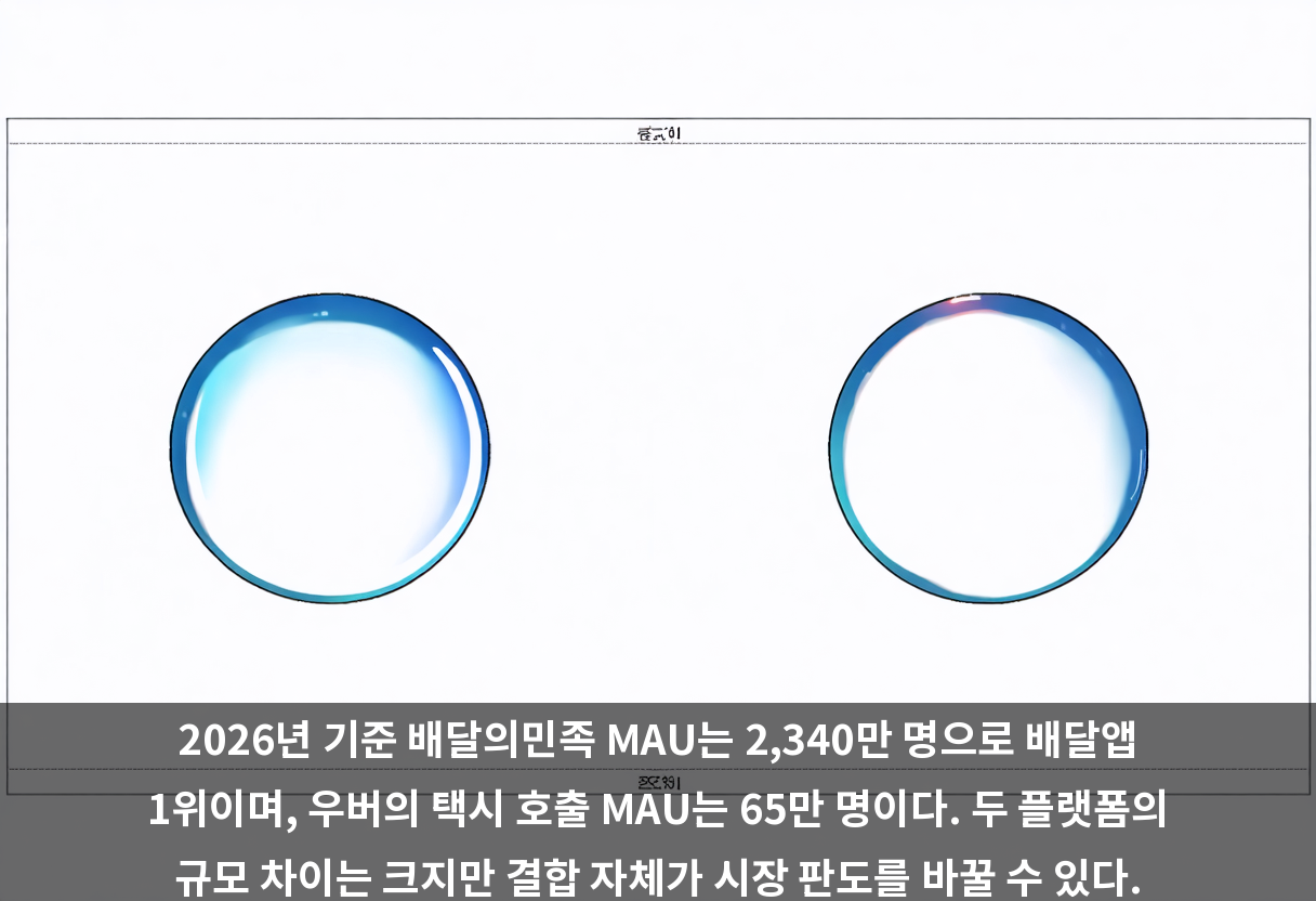 2026년 기준 배달의민족 MAU는 2,340만 명으로 배달앱 1위이며, 우버의 택시 호출 MAU는 65만 명이다. 두 플랫폼의 규모 차이는 크지만 결합 자체가 시장 판도를 바꿀 수 있다.