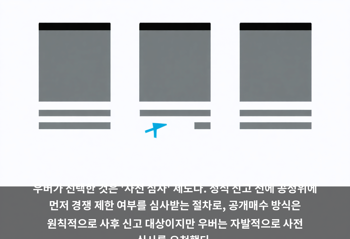 우버가 선택한 것은 '사전 심사' 제도다. 정식 신고 전에 공정위에 먼저 경쟁 제한 여부를 심사받는 절차로, 공개매수 방식은 원칙적으로 사후 신고 대상이지만 우버는 자발적으로 사전 심사를 요청했다.