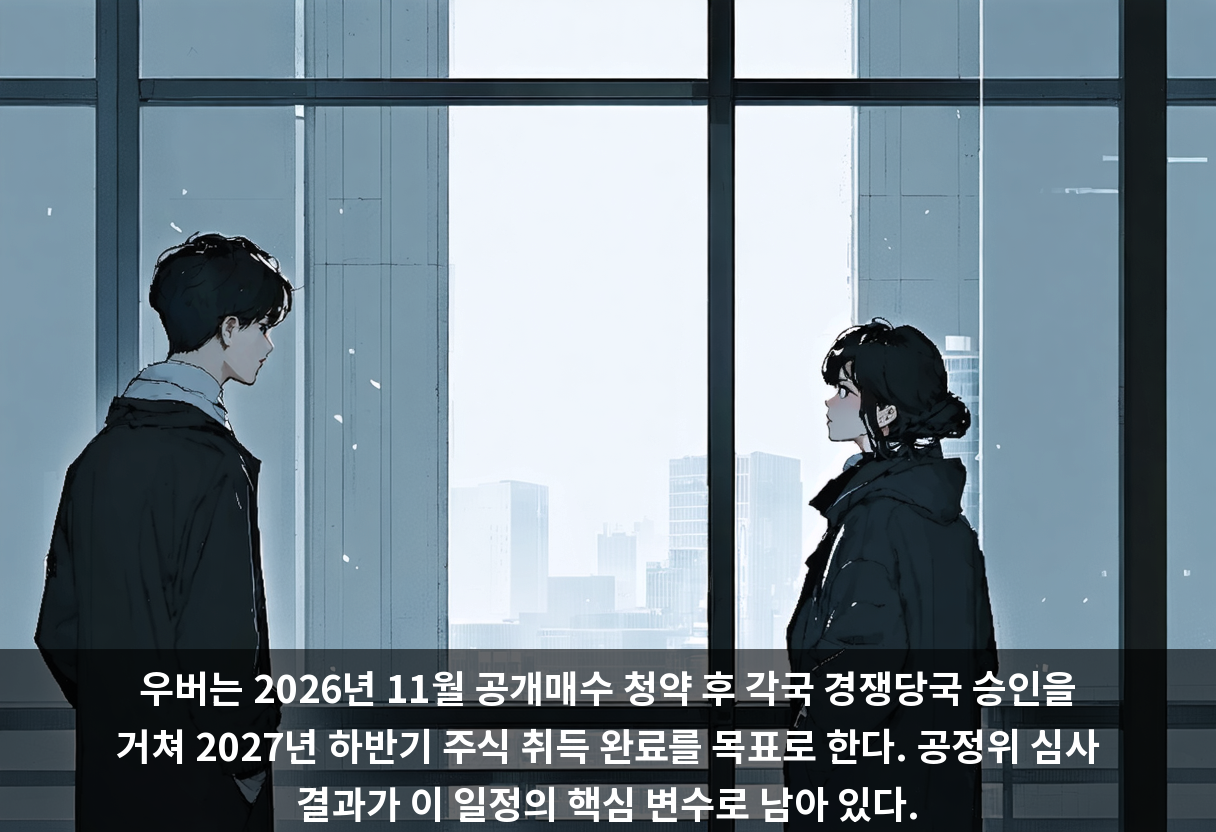 우버는 2026년 11월 공개매수 청약 후 각국 경쟁당국 승인을 거쳐 2027년 하반기 주식 취득 완료를 목표로 한다. 공정위 심사 결과가 이 일정의 핵심 변수로 남아 있다.