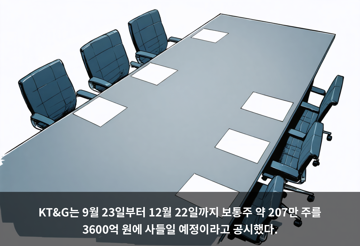 KT&G는 9월 23일부터 12월 22일까지 보통주 약 207만 주를 3600억 원에 사들일 예정이라고 공시했다.