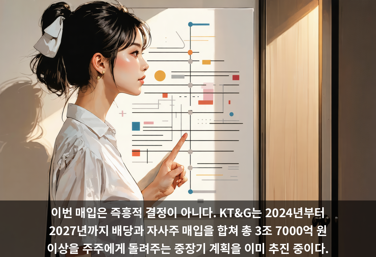 이번 매입은 즉흥적 결정이 아니다. KT&G는 2024년부터 2027년까지 배당과 자사주 매입을 합쳐 총 3조 7000억 원 이상을 주주에게 돌려주는 중장기 계획을 이미 추진 중이다.