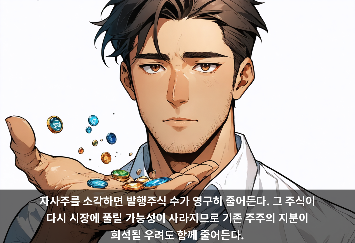자사주를 소각하면 발행주식 수가 영구히 줄어든다. 그 주식이 다시 시장에 풀릴 가능성이 사라지므로 기존 주주의 지분이 희석될 우려도 함께 줄어든다.