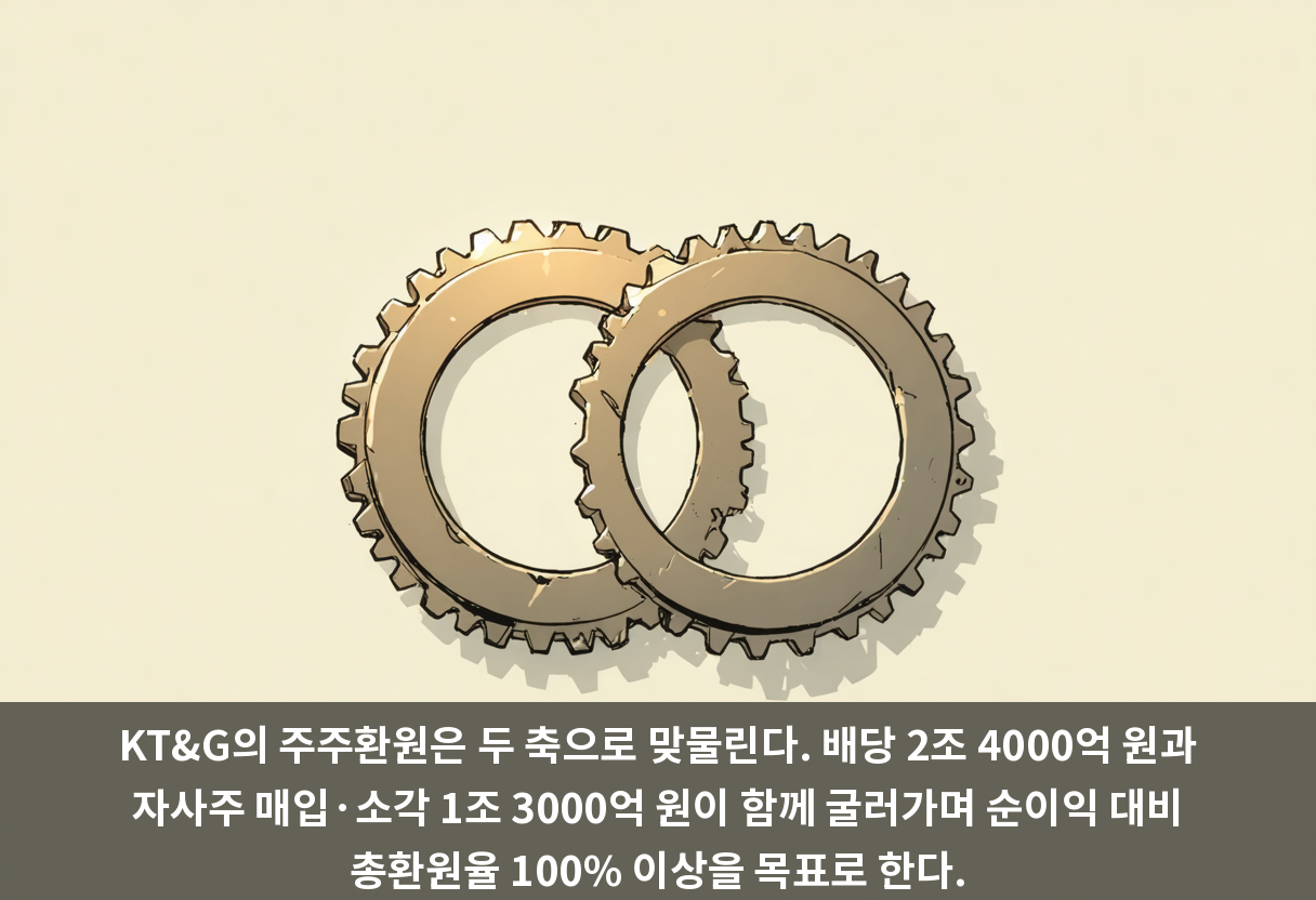 KT&G의 주주환원은 두 축으로 맞물린다. 배당 2조 4000억 원과 자사주 매입·소각 1조 3000억 원이 함께 굴러가며 순이익 대비 총환원율 100% 이상을 목표로 한다.