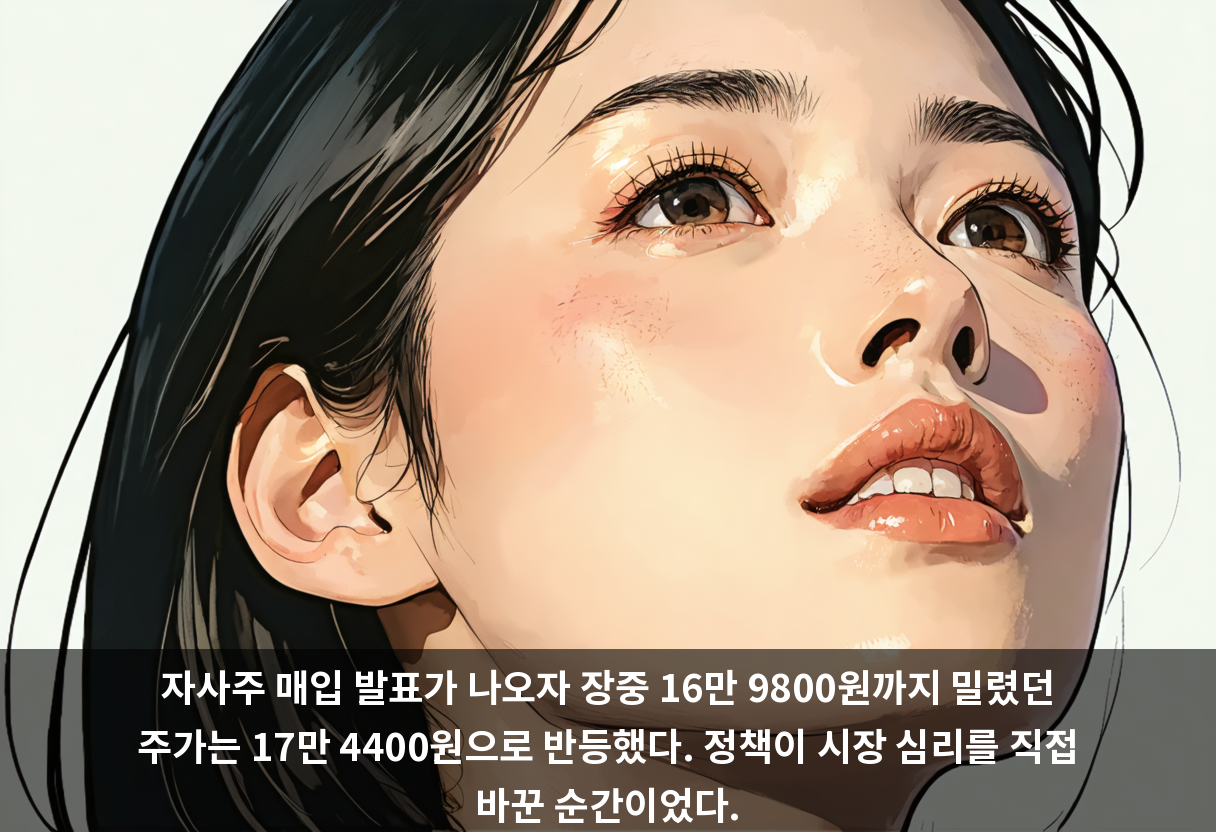 자사주 매입 발표가 나오자 장중 16만 9800원까지 밀렸던 주가는 17만 4400원으로 반등했다. 정책이 시장 심리를 직접 바꾼 순간이었다.