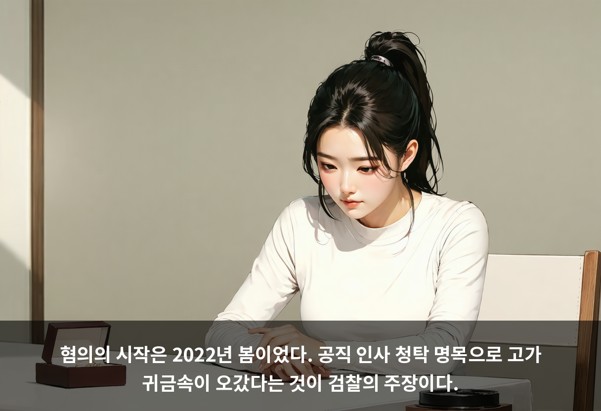 혐의의 시작은 2022년 봄이었다. 공직 인사 청탁 명목으로 고가 귀금속이 오갔다는 것이 검찰의 주장이다.