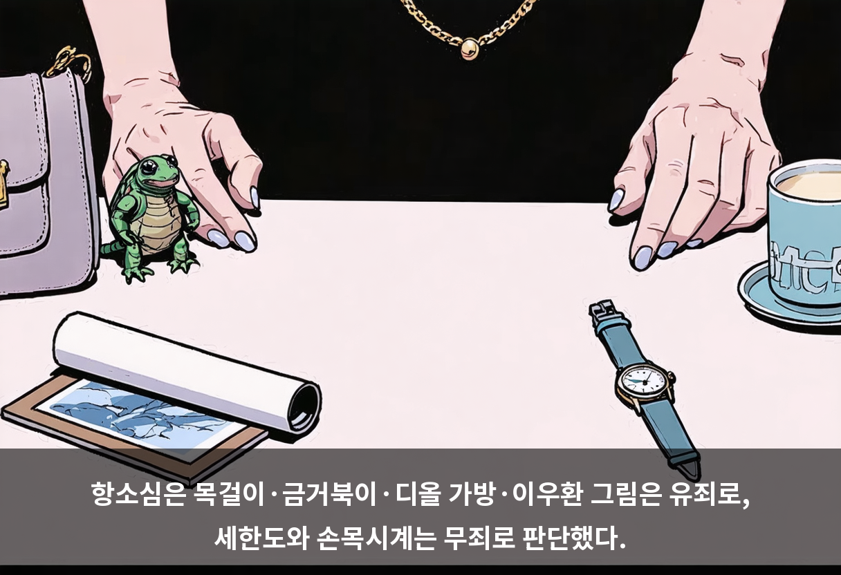 항소심은 목걸이·금거북이·디올 가방·이우환 그림은 유죄로, 세한도와 손목시계는 무죄로 판단했다.
