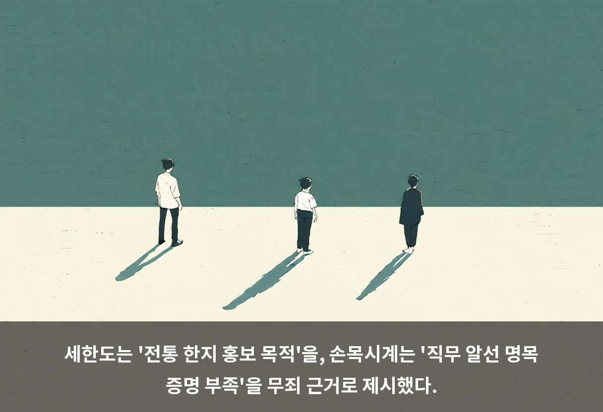 세한도는 '전통 한지 홍보 목적'을, 손목시계는 '직무 알선 명목 증명 부족'을 무죄 근거로 제시했다.