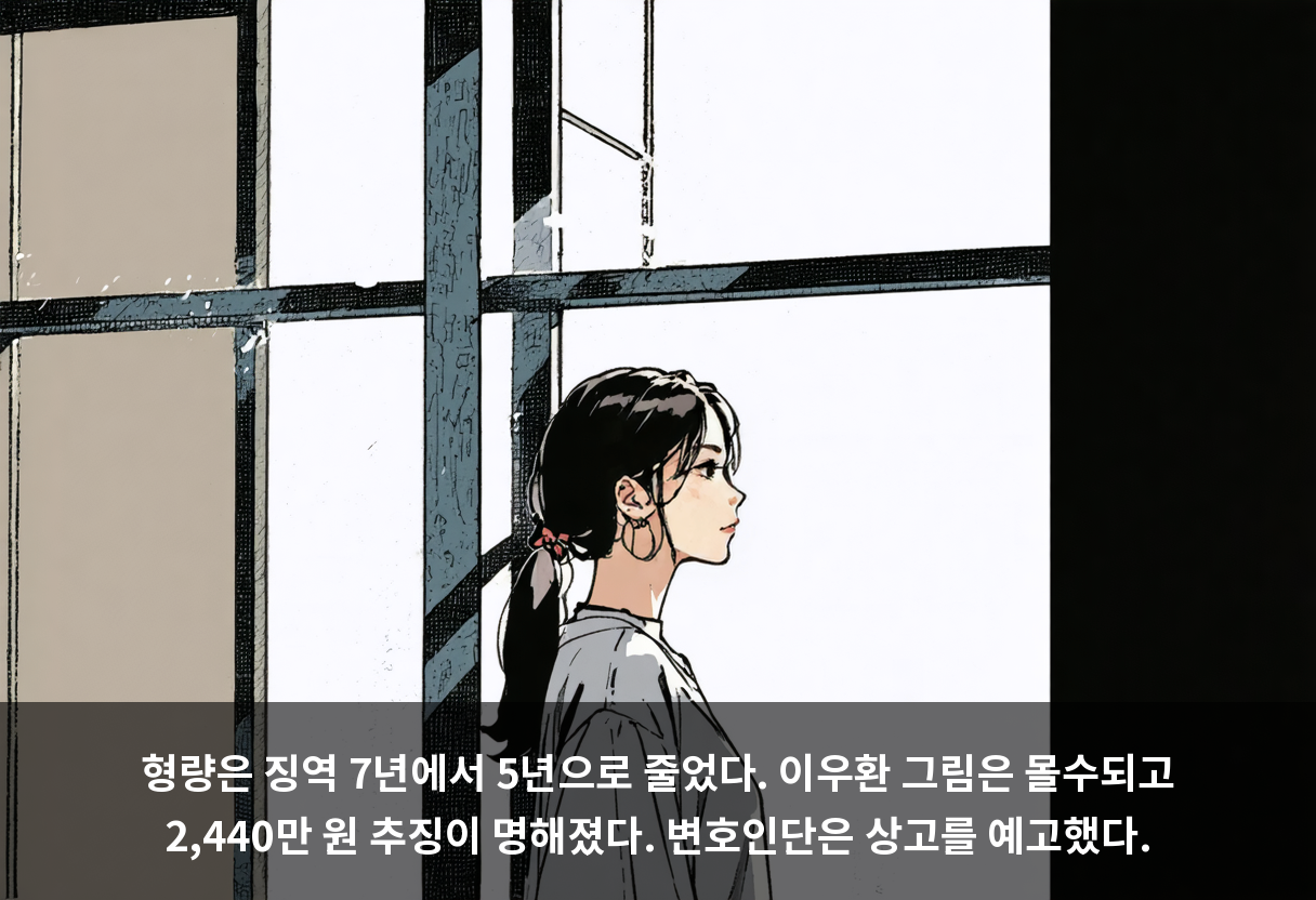 형량은 징역 7년에서 5년으로 줄었다. 이우환 그림은 몰수되고 2,440만 원 추징이 명해졌다. 변호인단은 상고를 예고했다.