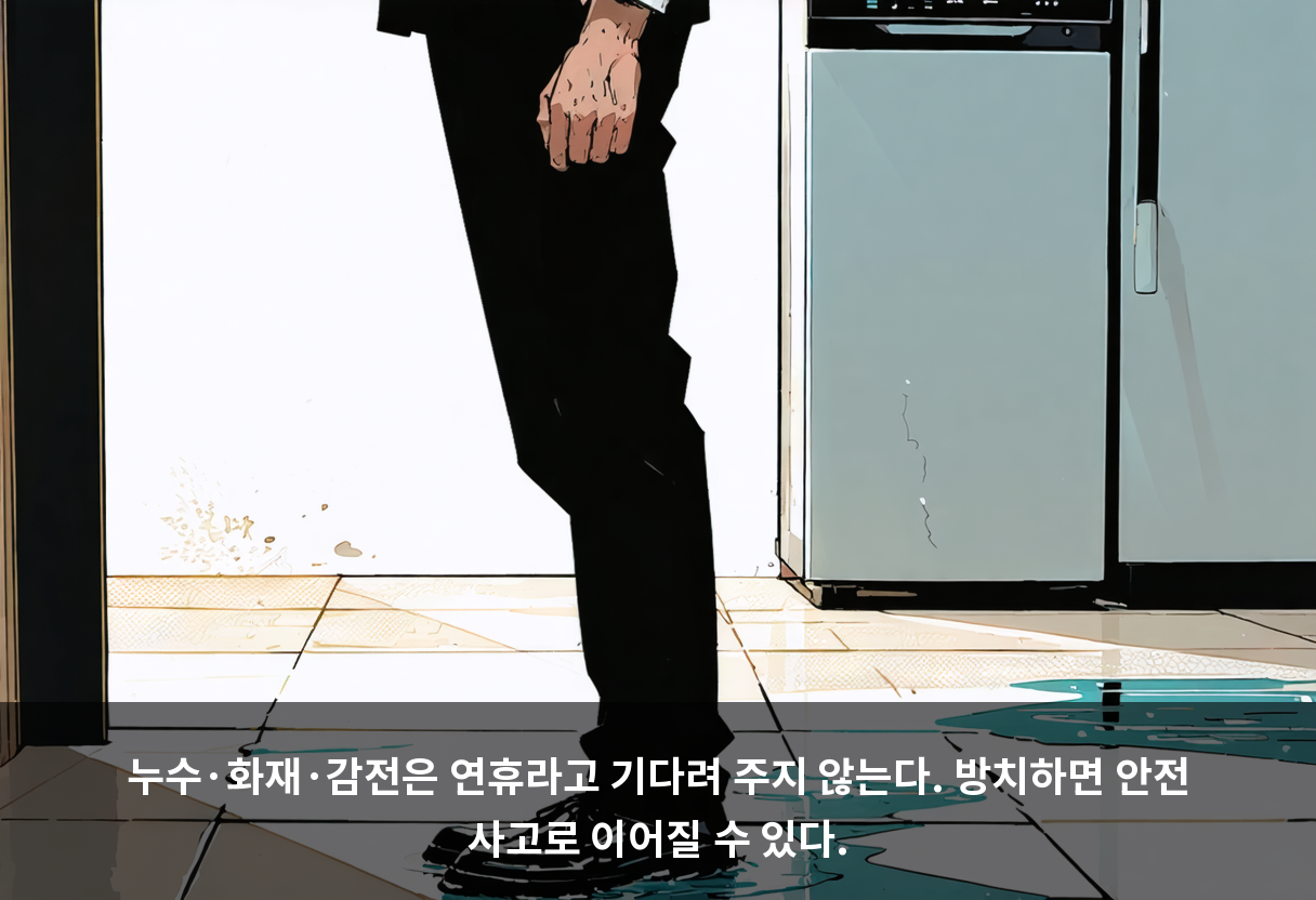 누수·화재·감전은 연휴라고 기다려 주지 않는다. 방치하면 안전 사고로 이어질 수 있다.