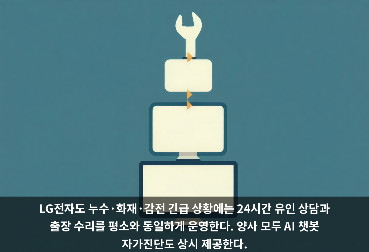 LG전자도 누수·화재·감전 긴급 상황에는 24시간 유인 상담과 출장 수리를 평소와 동일하게 운영한다. 양사 모두 AI 챗봇 자가진단도 상시 제공한다.