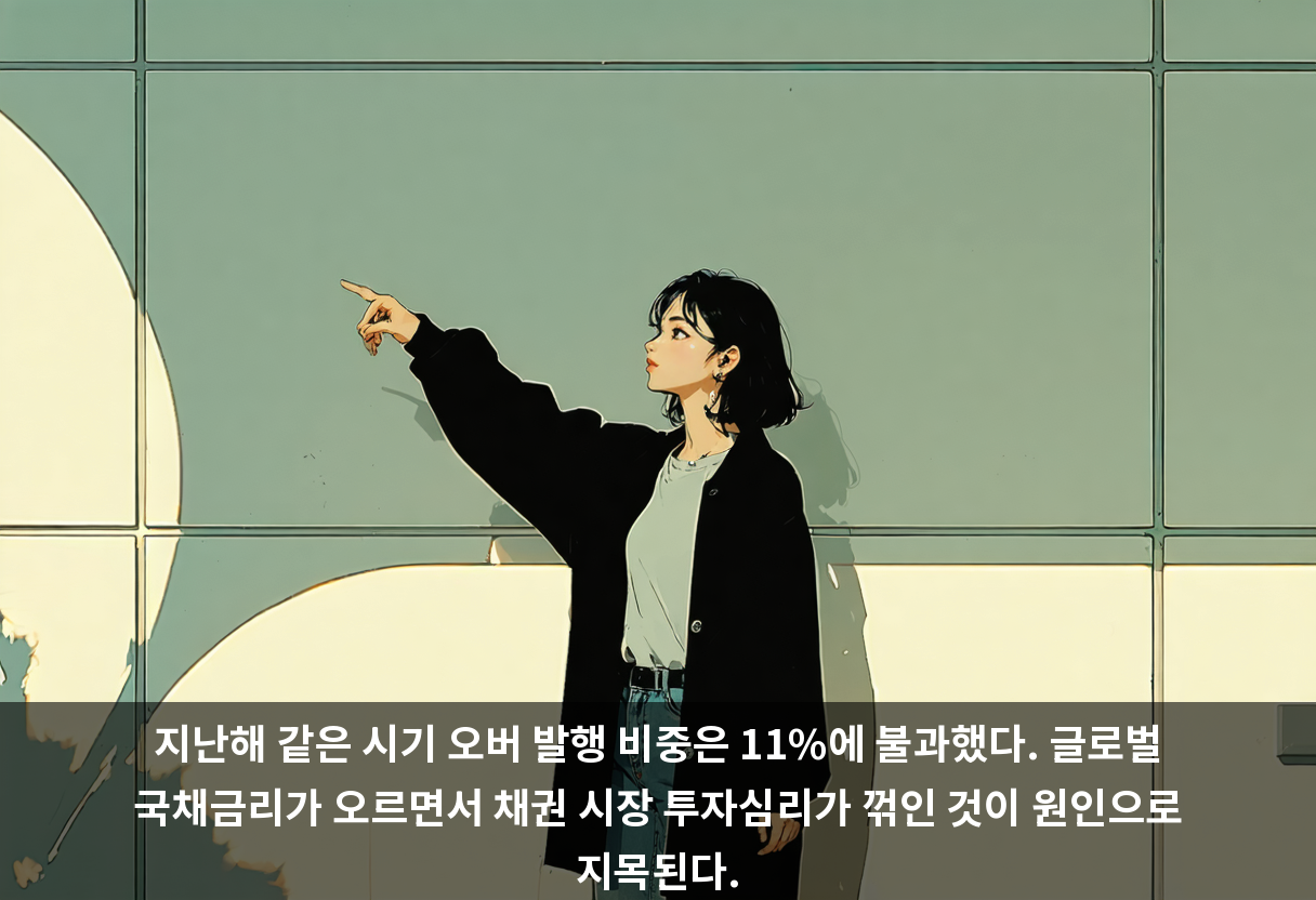 지난해 같은 시기 오버 발행 비중은 11%에 불과했다. 글로벌 국채금리가 오르면서 채권 시장 투자심리가 꺾인 것이 원인으로 지목된다.