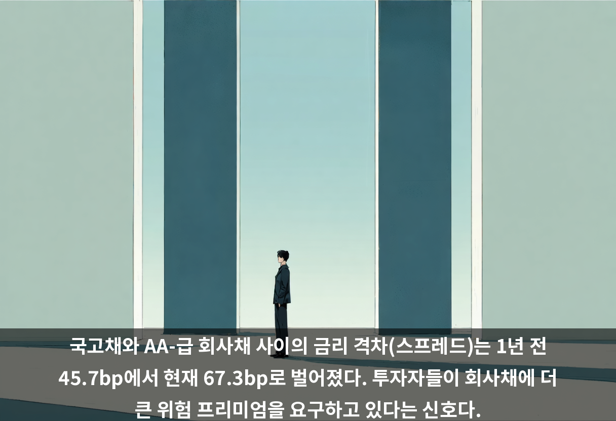 국고채와 AA-급 회사채 사이의 금리 격차(스프레드)는 1년 전 45.7bp에서 현재 67.3bp로 벌어졌다. 투자자들이 회사채에 더 큰 위험 프리미엄을 요구하고 있다는 신호다.