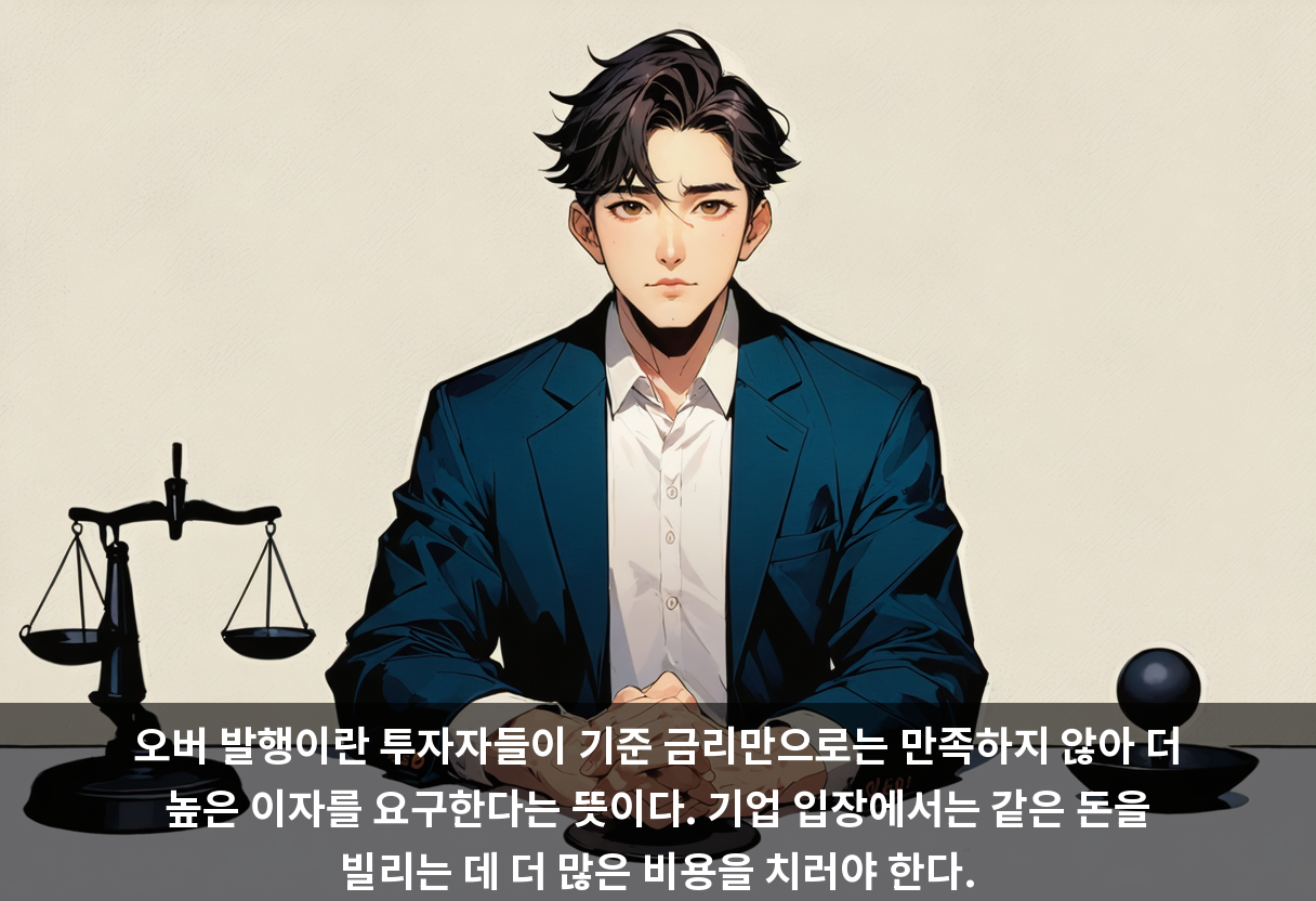 오버 발행이란 투자자들이 기준 금리만으로는 만족하지 않아 더 높은 이자를 요구한다는 뜻이다. 기업 입장에서는 같은 돈을 빌리는 데 더 많은 비용을 치러야 한다.